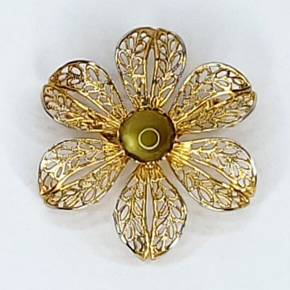 Vintage Filigree Floral Flower Brooch Green Moonglow Cabochon 1 5/8" - Picture 1 of 3
